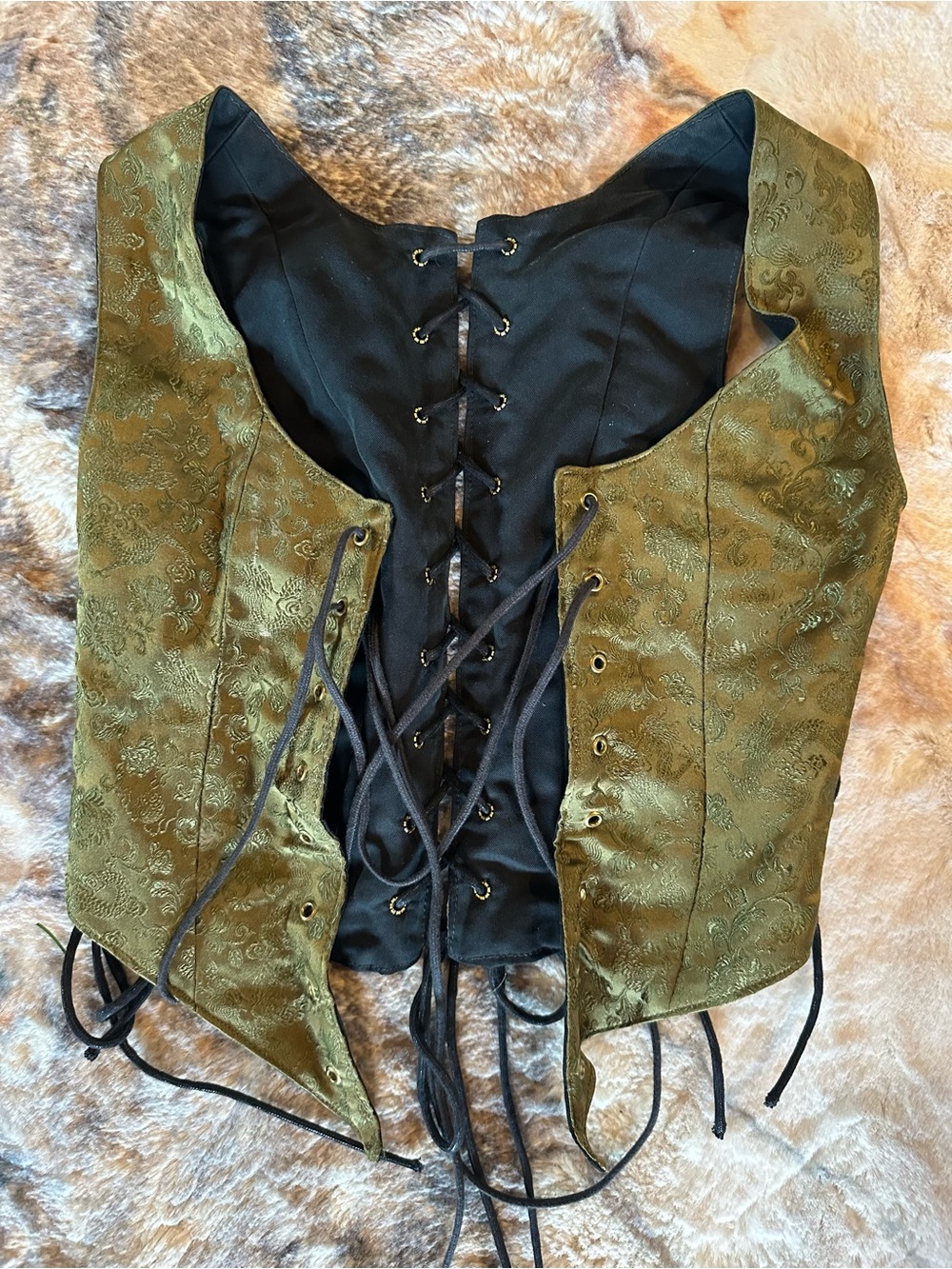 Olive Green Brocade Lace-Up Corset Vest